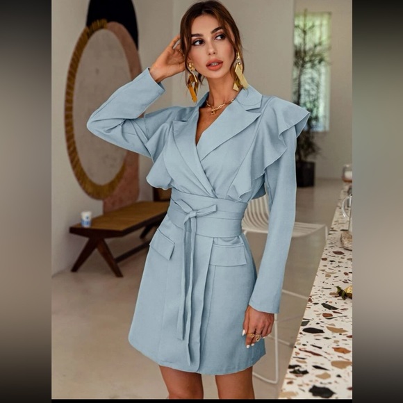 NWOT Ruffle Trim Belted Blazer Dress - Picture 1 of 11